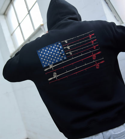 American Fishing Flag Hoodie – Patriotic Fishing Rod Back Print Hoodie for Anglers | Three-Panel Fleece Hoodie