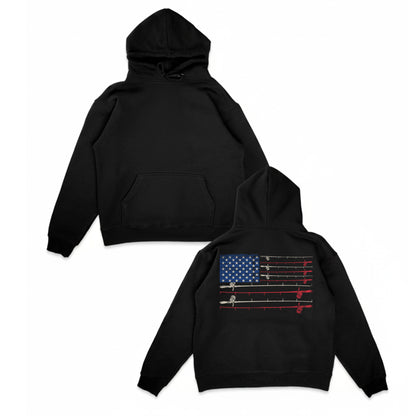 American Fishing Flag Hoodie – Patriotic Fishing Rod Back Print Hoodie for Anglers | Three-Panel Fleece Hoodie
