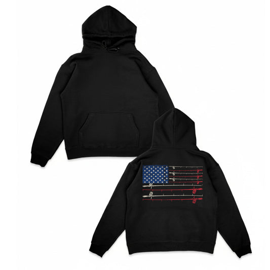 American Fishing Flag Hoodie – Patriotic Fishing Rod Back Print Hoodie for Anglers | Three-Panel Fleece Hoodie