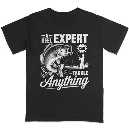 Fishing Bass Shirt - A Reel Expert Can Tackle Anything Graphic Tee - Funny Fisherman Gift– Black – Up To 5XL