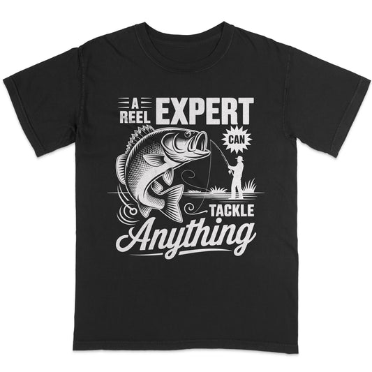 Fishing Bass Shirt - A Reel Expert Can Tackle Anything Graphic Tee - Funny Fisherman Gift– Black – Up To 5XL