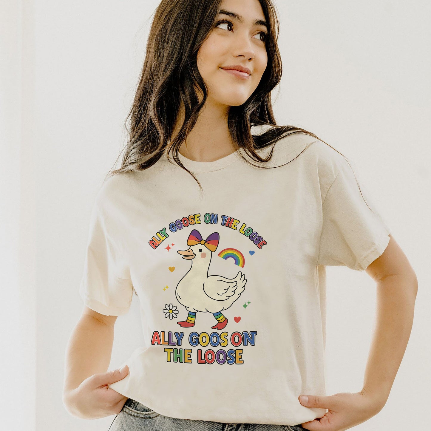 Ally Goose on the Loose T-Shirt – Funny LGBTQ+ Pride Rainbow Tee - Natural - Up To 5XL