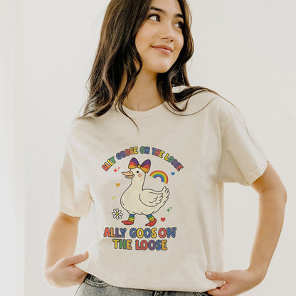 Ally Goose on the Loose T-Shirt – Funny LGBTQ+ Pride Rainbow Tee - Natural - Up To 5XL