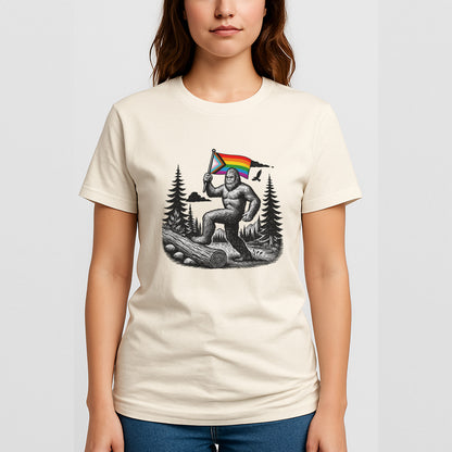 Bigfoot Pride Flag T-Shirt – Funny LGBTQ Sasquatch Gay Tee – Natural - Up To 5XL