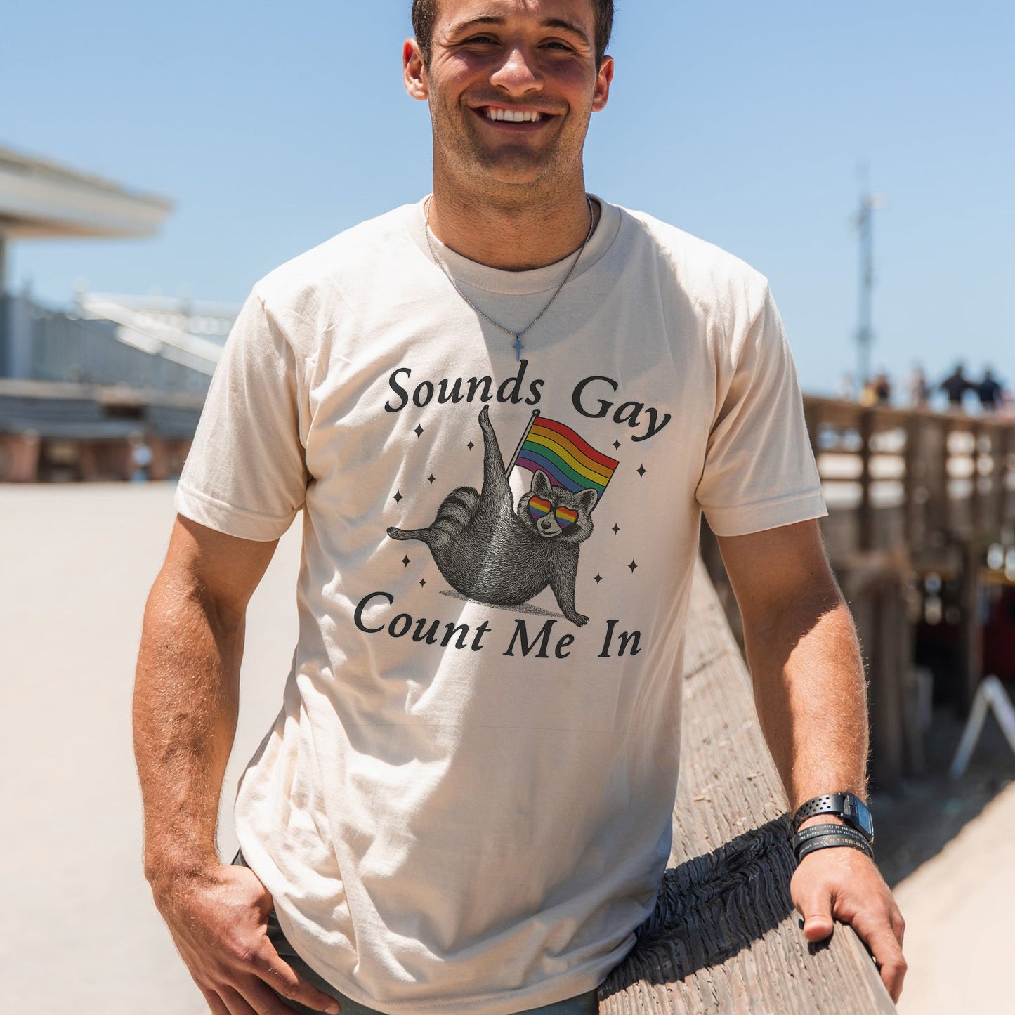 Sounds Gay Count Me In Pride Month Shirt – Funny LGBTQ Rainbow Raccoon Tee – Natural - Up To 5XL