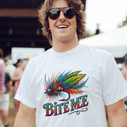 Funny Fly Fishing Shirt - Bite Me Fly Lure Graphic Tee - Colorful Gift for Anglers – White – Up To 5XL