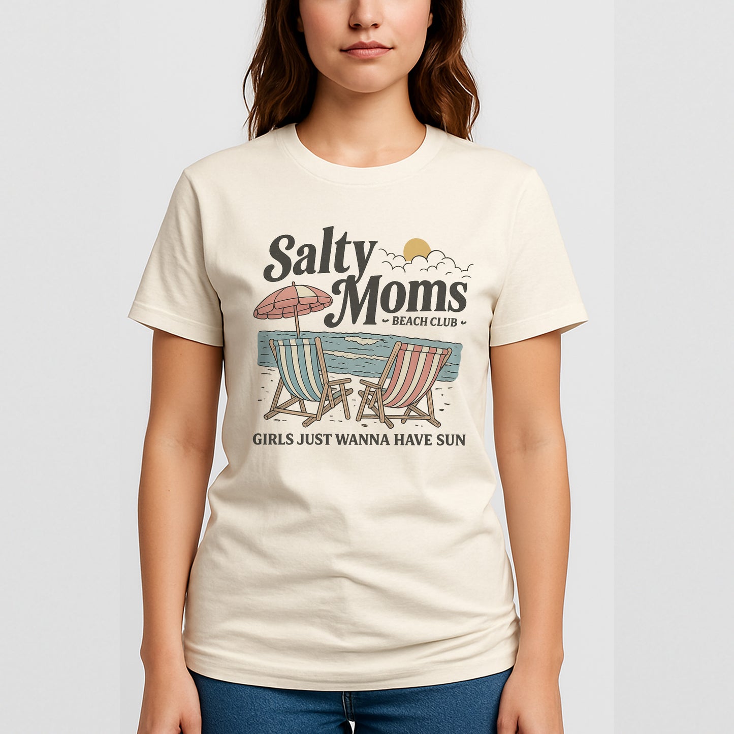 Salty Moms Beach Club T-Shirt – Funny Summer Beach Tee  – Natural - Up To 5XL