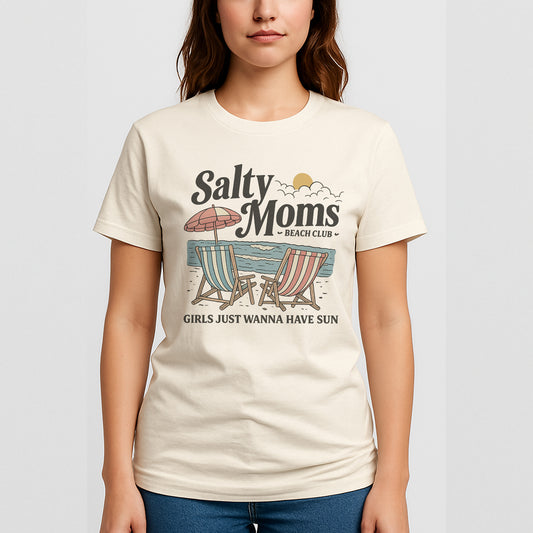 Salty Moms Beach Club T-Shirt – Funny Summer Beach Tee  – Natural - Up To 5XL