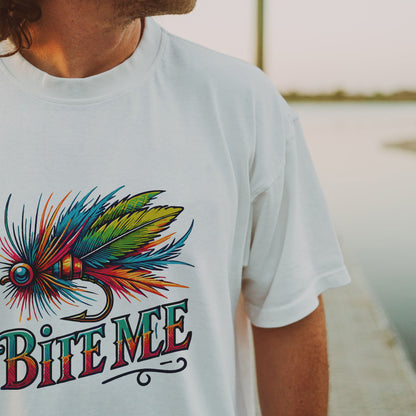 Funny Fly Fishing Shirt - Bite Me Fly Lure Graphic Tee - Colorful Gift for Anglers – White – Up To 5XL