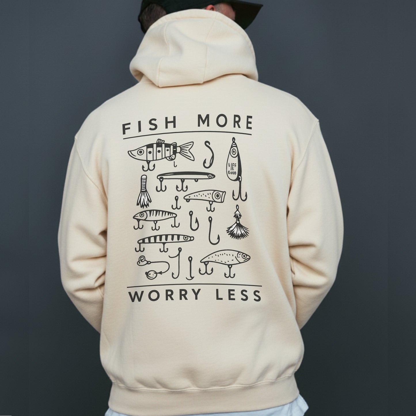 Fish More Worry Less Hoodie – Fishing Lure Hoodie for Anglers, Fisherman Gift, Outdoors Lifestyle Sweatshirt