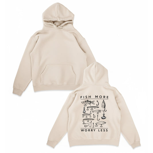 Fish More Worry Less Hoodie – Fishing Lure Hoodie for Anglers, Fisherman Gift, Outdoors Lifestyle Sweatshirt