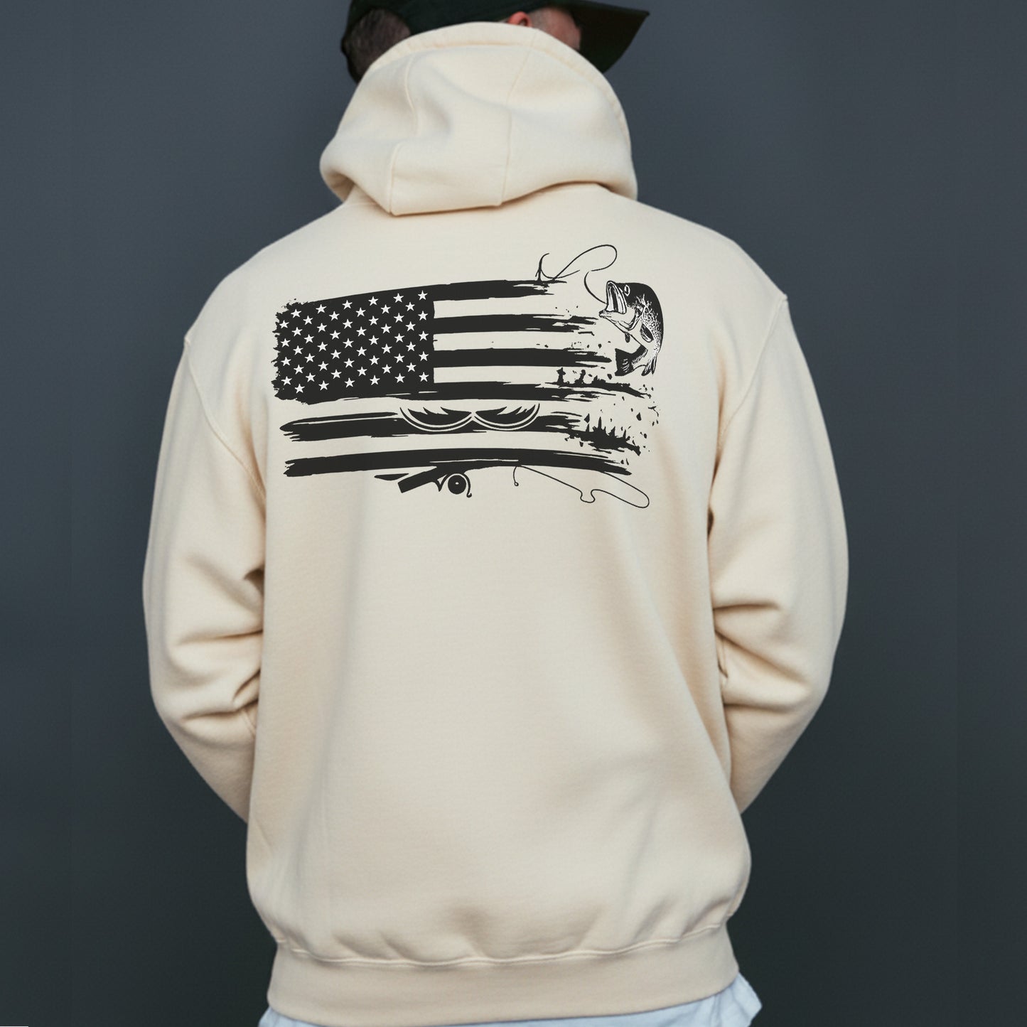 American Flag Fishing Hoodie – Patriotic Bass Fishing Hoodie, USA Fisherman Gift, Lure and Rod Flag Hoodie