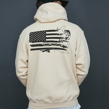 American Flag Fishing Hoodie – Patriotic Bass Fishing Hoodie, USA Fisherman Gift, Lure and Rod Flag Hoodie