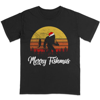 Funny Christmas Fishing Shirt - Merry Fishmas Bigfoot Tee - Holiday Gift for Fishermen – Black – Up To 5XL