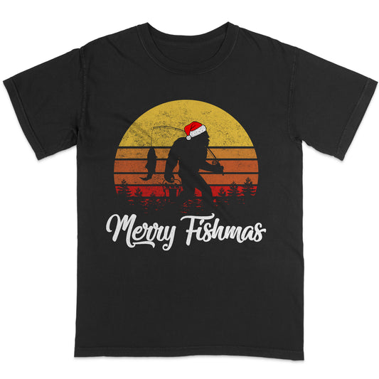Funny Christmas Fishing Shirt - Merry Fishmas Bigfoot Tee - Holiday Gift for Fishermen – Black – Up To 5XL