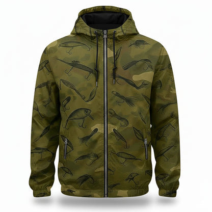 Camouflage Fishing Lure Windbreaker Jacket – Lightweight Hooded Outdoor Jacket for Men