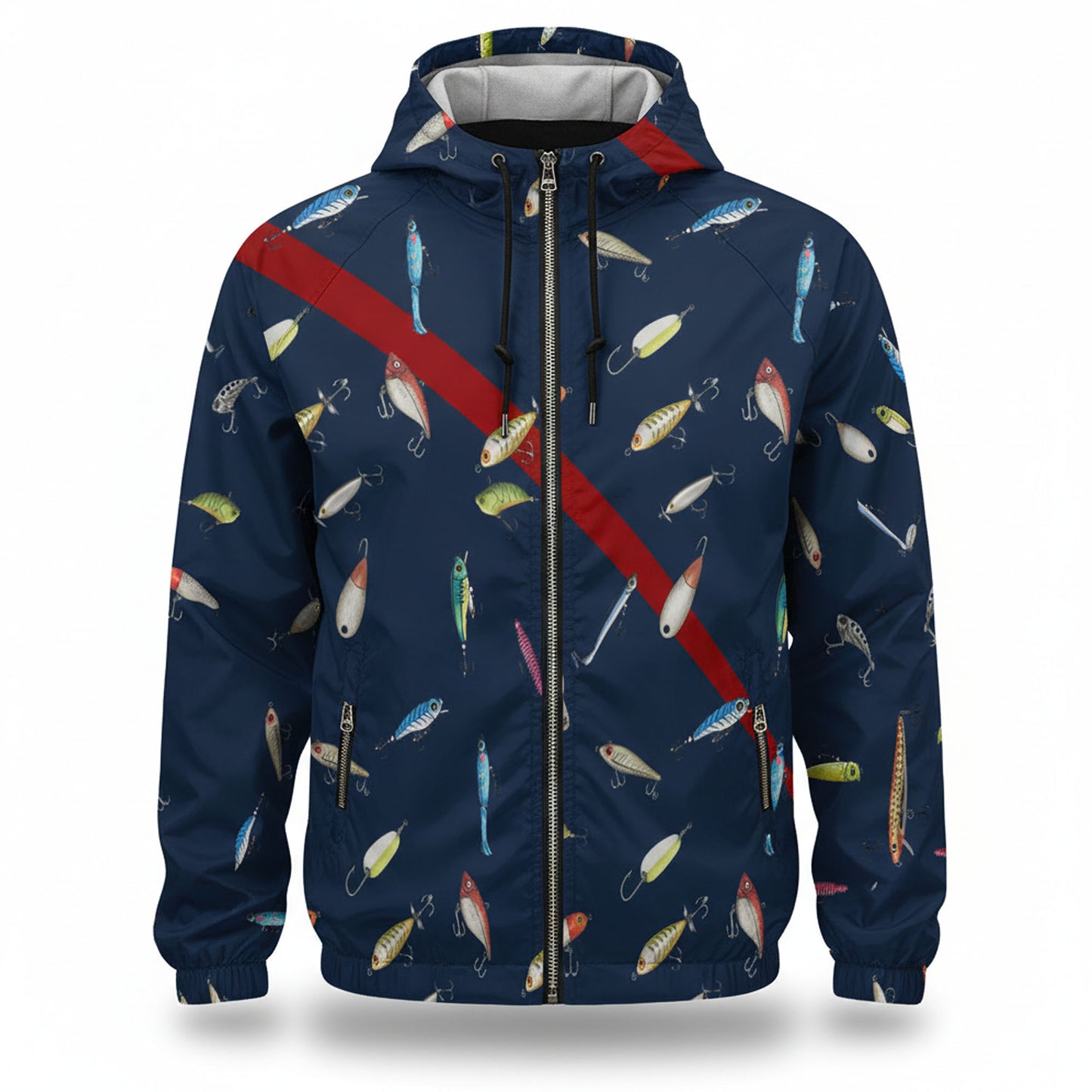 Navy Fishing Lure Windbreaker Jacket – Lightweight Hooded Outdoor Jacket for Men