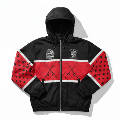 American Fishing Club Windbreaker Jacket – Red & Black Fisherman Edition | Lightweight Hooded Outdoor Jacket for Men