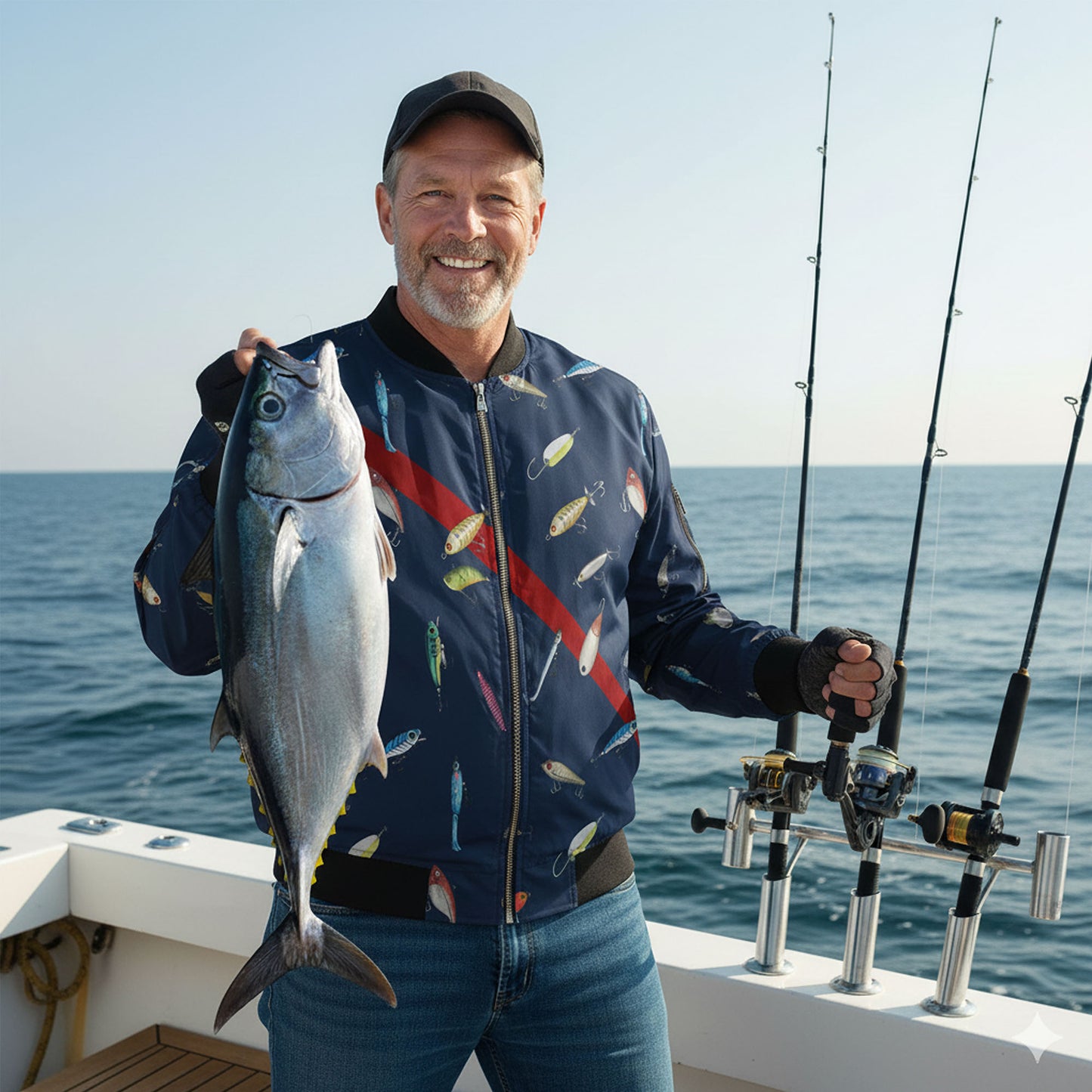 Men's Fishing Bomber Jacket - Lure Pattern Outdoor Fishing Apparel for Anglers