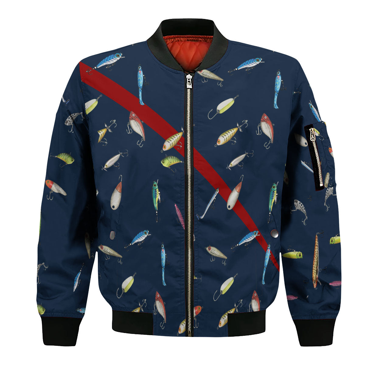 Men's Fishing Bomber Jacket - Lure Pattern Outdoor Fishing Apparel for Anglers