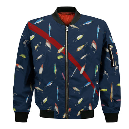 Men's Fishing Bomber Jacket - Lure Pattern Outdoor Fishing Apparel for Anglers