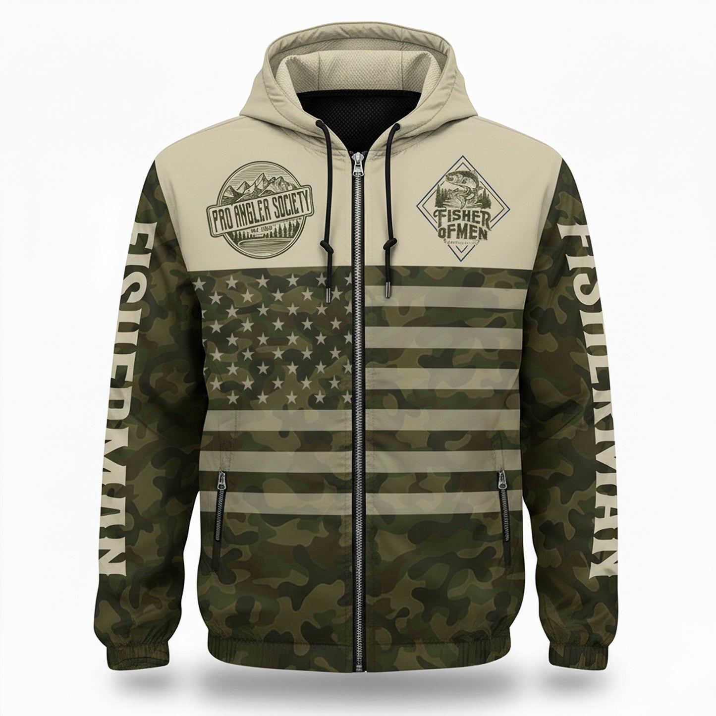 Fisher of Men Christian Camo Windbreaker Jacket – Matthew 4:19 Fishing Faith Outerwear