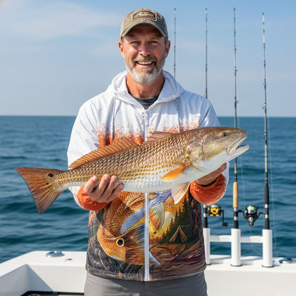 Redfish Sunset Lightweight Windbreaker Jacket – Saltwater Fishing Hoodie for Anglers