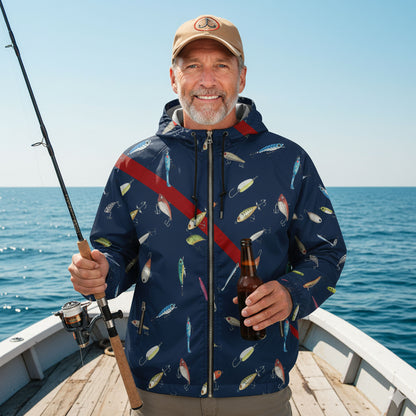 Navy Fishing Lure Windbreaker Jacket – Lightweight Hooded Outdoor Jacket for Men