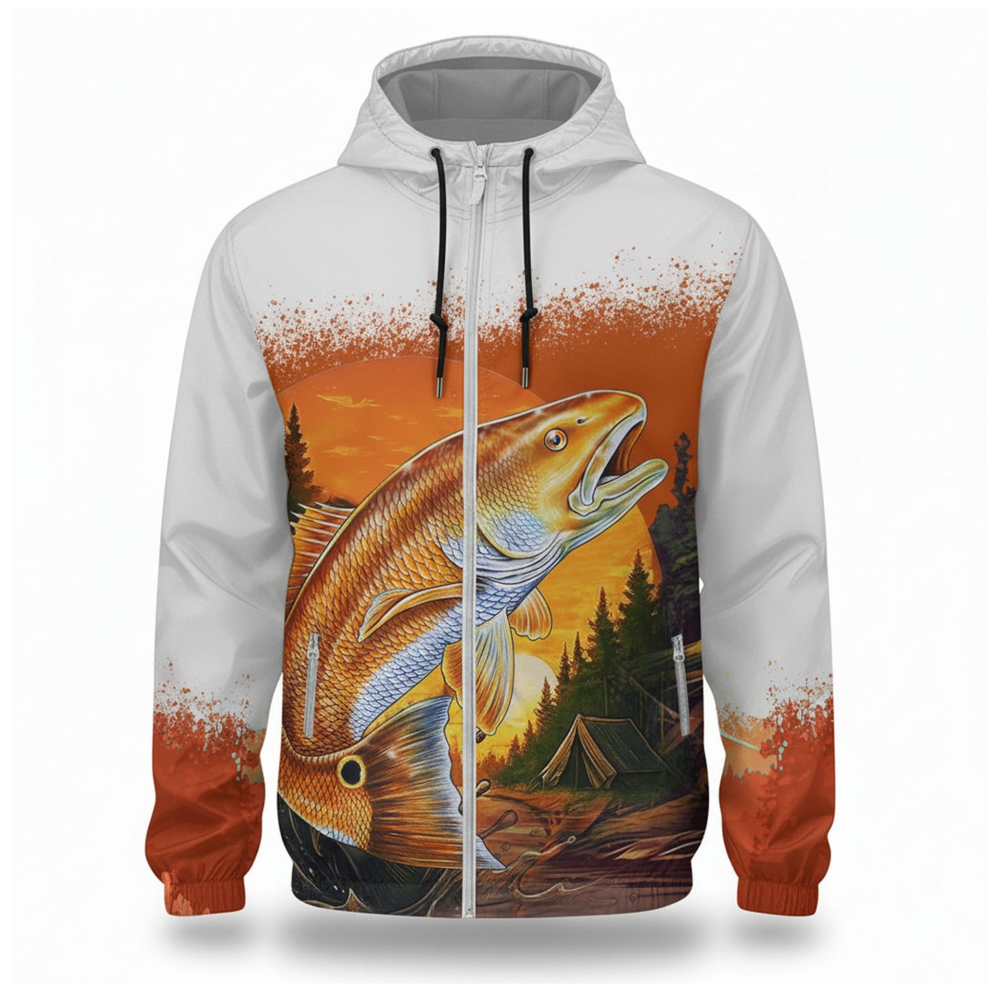 Redfish Sunset Lightweight Windbreaker Jacket – Saltwater Fishing Hoodie for Anglers