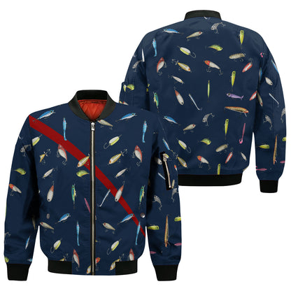 Men's Fishing Bomber Jacket - Lure Pattern Outdoor Fishing Apparel for Anglers