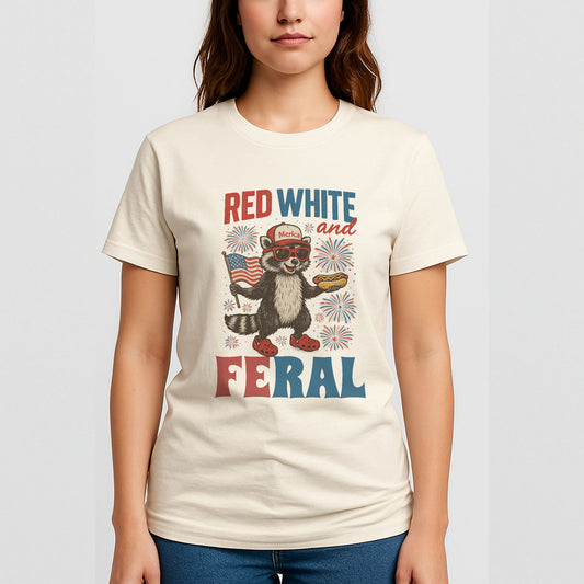 Red White and Feral Raccoon Shirt – Funny 4th of July 'Merica Tee for Chaos Lovers – Natural Tee - Up To 5X