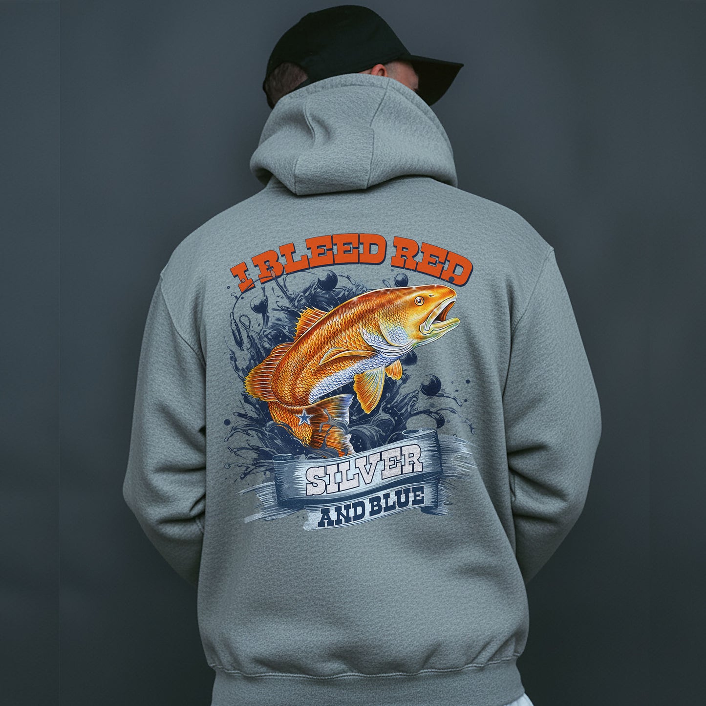 Redfish Football Pullover Hoodie – I Bleed Red Silver and Blue – Fishing & Football Fan Hoodie – Patriotic Angler Sweatshirt Gift USA Pride