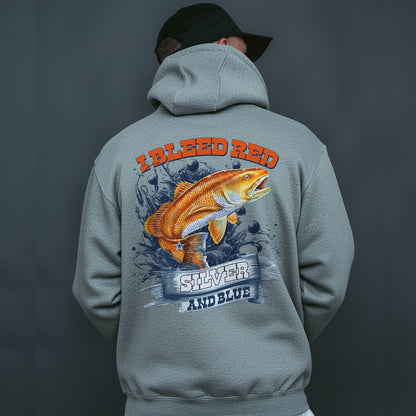 Redfish Football Pullover Hoodie – I Bleed Red Silver and Blue – Fishing & Football Fan Hoodie – Patriotic Angler Sweatshirt Gift USA Pride