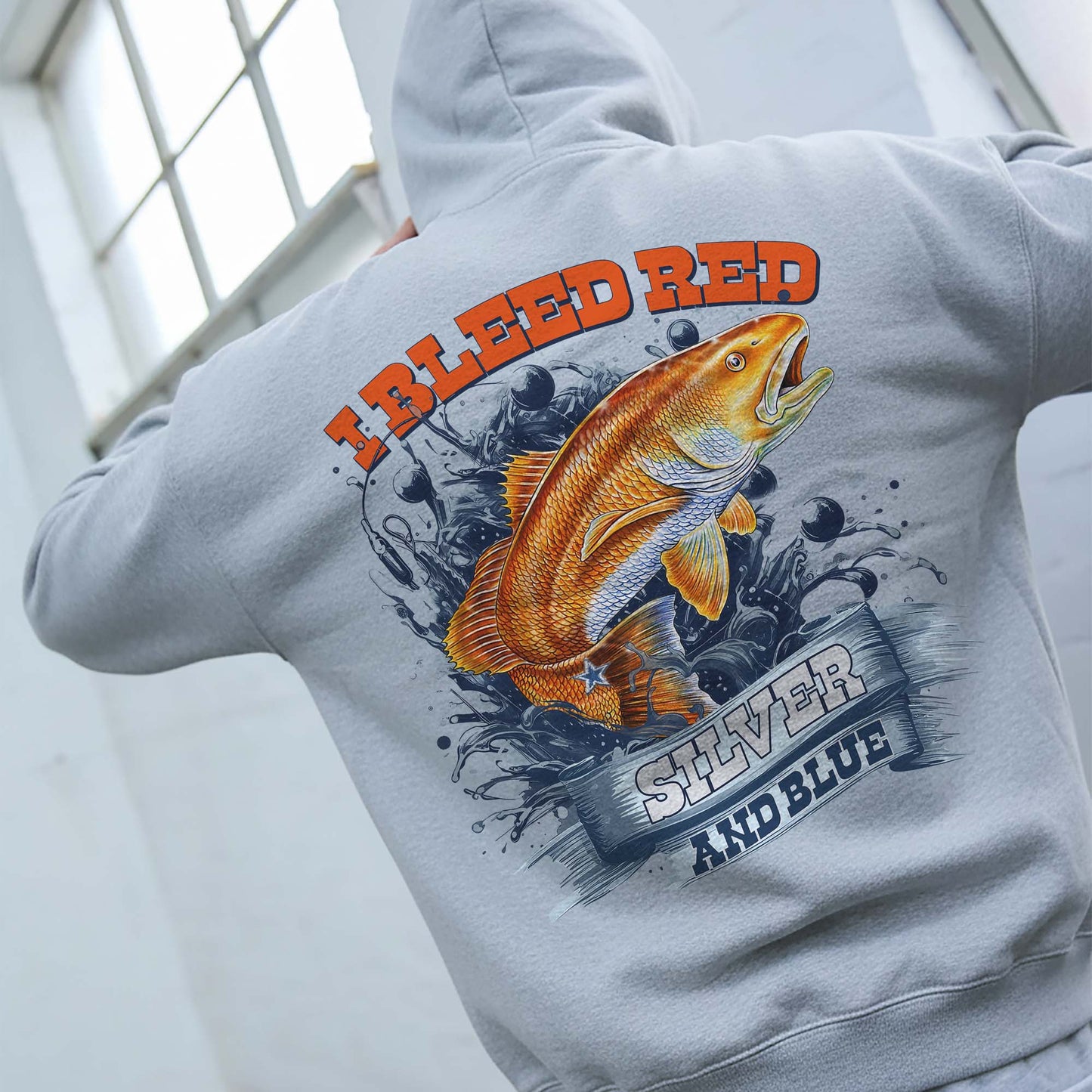 Redfish Football Pullover Hoodie – I Bleed Red Silver and Blue – Fishing & Football Fan Hoodie – Patriotic Angler Sweatshirt Gift USA Pride