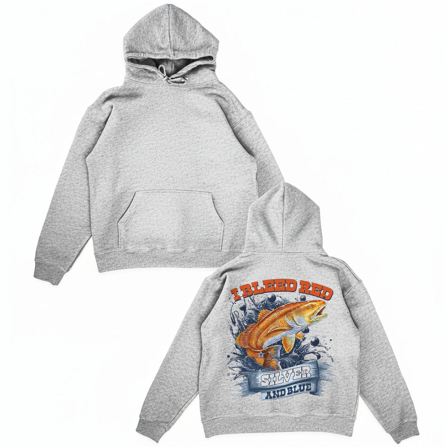 Redfish Football Pullover Hoodie – I Bleed Red Silver and Blue – Fishing & Football Fan Hoodie – Patriotic Angler Sweatshirt Gift USA Pride