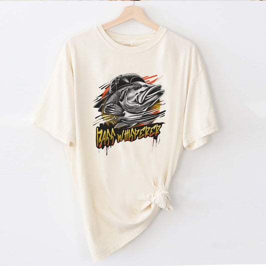 Bass Fishing Shirt - Bass Whisperer Graphic Tee - Funny Angler Gift for Fishermen – Natural – Up To 5XL