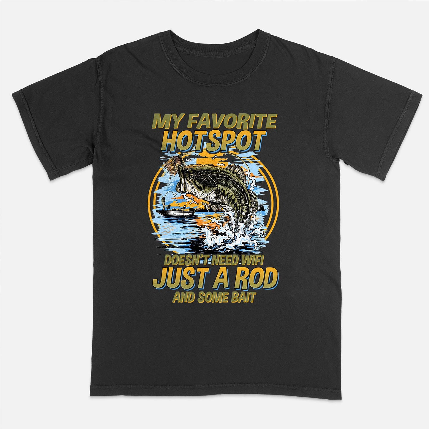 Fishing Humor Shirt – Favorite Hotspot No WiFi Rod and Bait Tee – Funny Fisherman Gift – Black – Up To 5XL