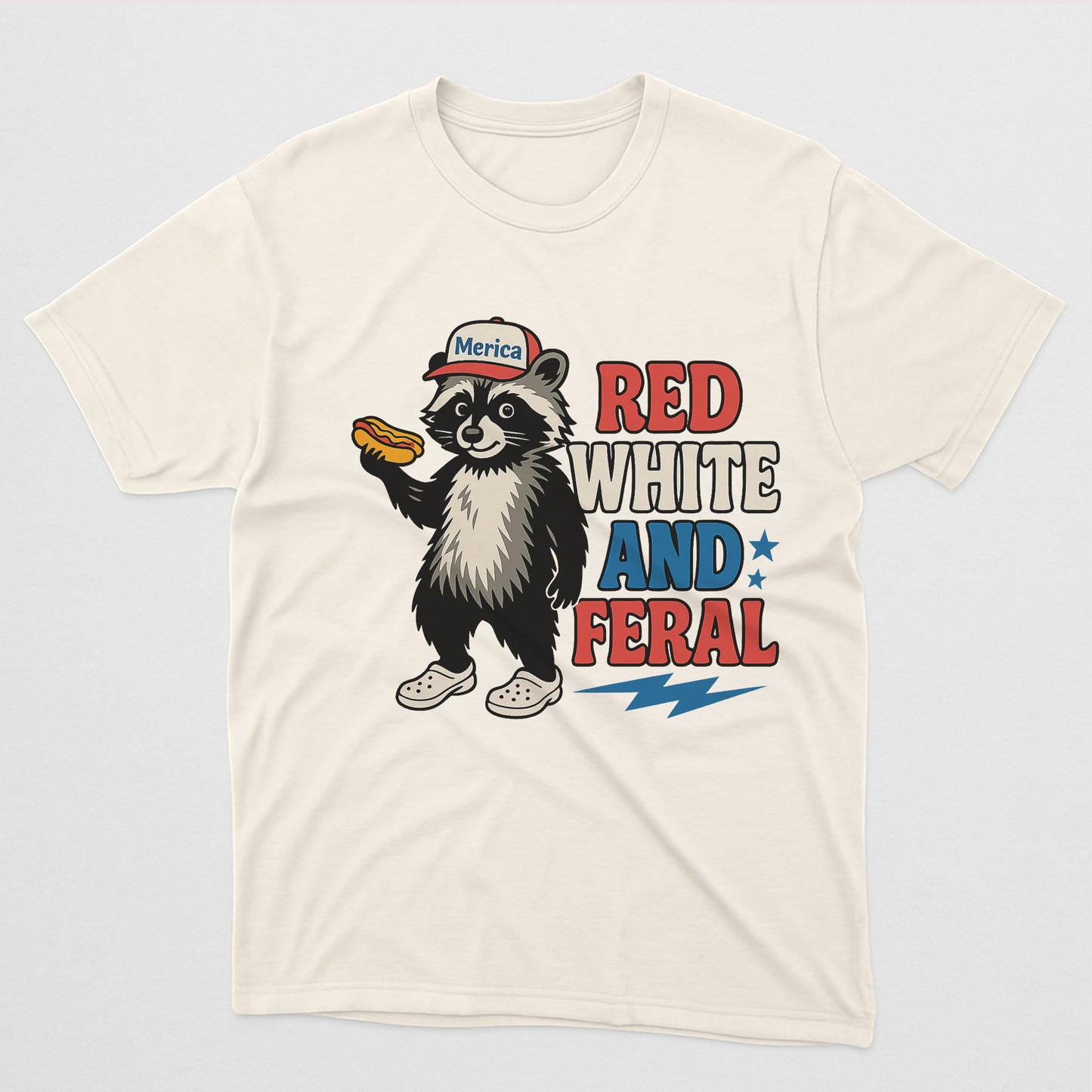 Red White and Feral Raccoon Shirt – Funny ‘Merica 4th of July Meme Shirts – Natural Tee - Up To 5X