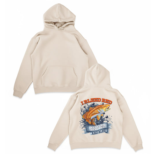 Redfish Football Pullover Hoodie – I Bleed Red Silver and Blue – Fishing & Football Fan Hoodie – Patriotic Angler Sweatshirt Gift USA Pride