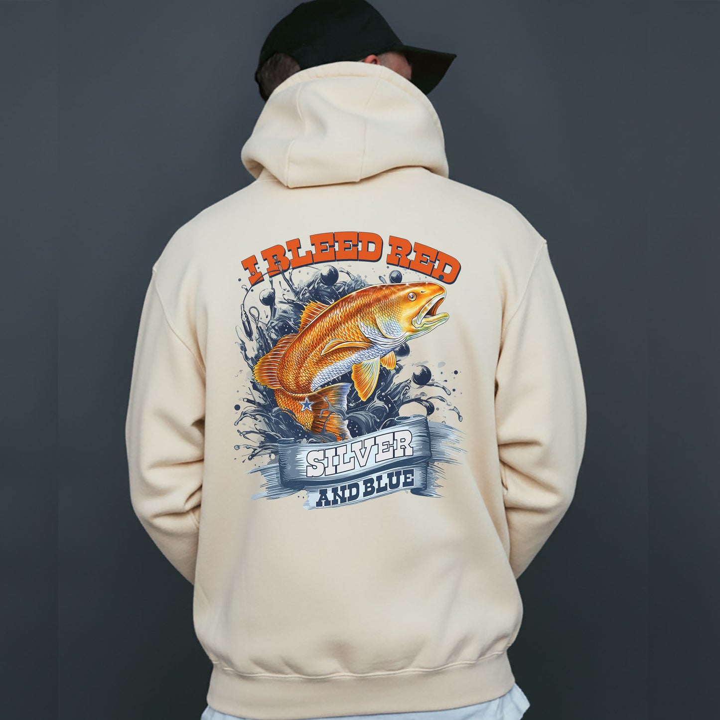 Redfish Football Pullover Hoodie – I Bleed Red Silver and Blue – Fishing & Football Fan Hoodie – Patriotic Angler Sweatshirt Gift USA Pride