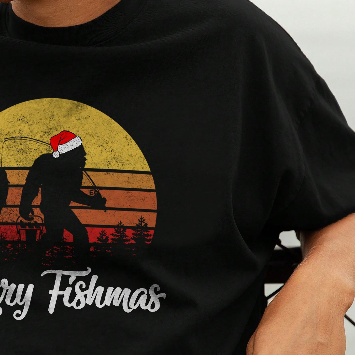 Funny Christmas Fishing Shirt - Merry Fishmas Bigfoot Tee - Holiday Gift for Fishermen – Black – Up To 5XL