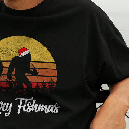 Funny Christmas Fishing Shirt - Merry Fishmas Bigfoot Tee - Holiday Gift for Fishermen – Black – Up To 5XL