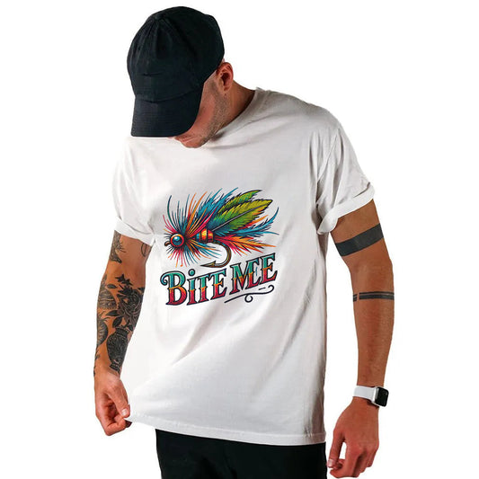 Funny Fly Fishing Shirt - Bite Me Fly Lure Graphic Tee - Colorful Gift for Anglers – White – Up To 5XL