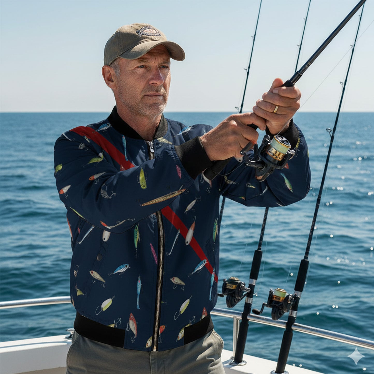 Men's Fishing Bomber Jacket - Lure Pattern Outdoor Fishing Apparel for Anglers