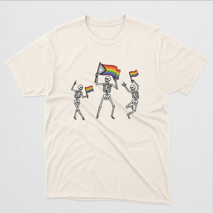 Dancing Skeleton Pride Month T-Shirt – Funny LGBTQ Pride Mens Shirts – Natural - Up To 5XL